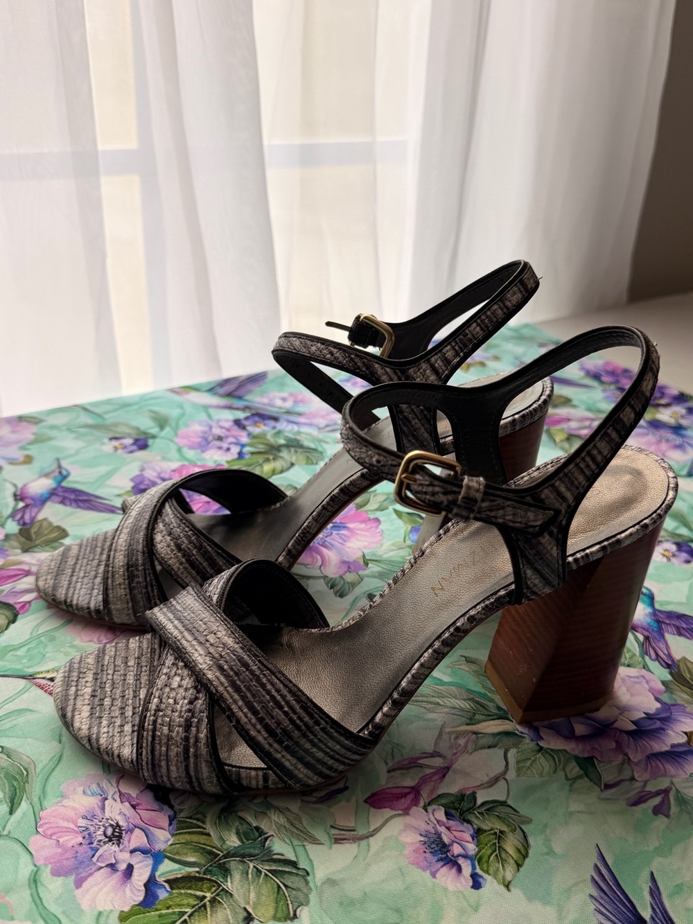 Stuart Weitzman Gray Textured Strappy Block Heel Sandals